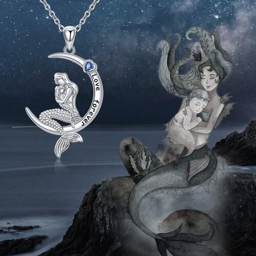 925 Sterling Silver Beautiful Mermaid Mother&daughter Pendant Chain Zircon Moon Necklace Fine Jewelry For Women Mother Day Gift