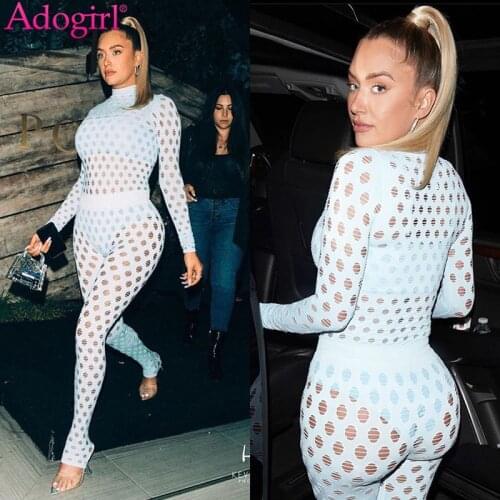 Adogirl Sexy Hollow Out Two Piece Set Women Mock Neck Long Sleeve Hole Pullover Pencil Pants Night Club Streetwear Tracksuit