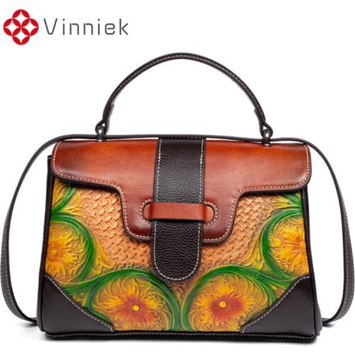 Retro Handbag WomenS Bag Genuine Leather National Style Handbags First Layer Of Cowhide Embossed Polished Shoulder Diagonal Bag