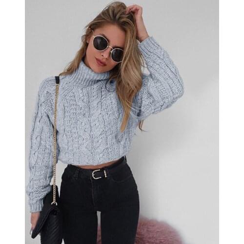 Womens Sweater Knitted Ribbed Pullover Slim Jumper Sweaters Female Short Long Sleeve High Collar Sexy Umbilical Twist Sweater