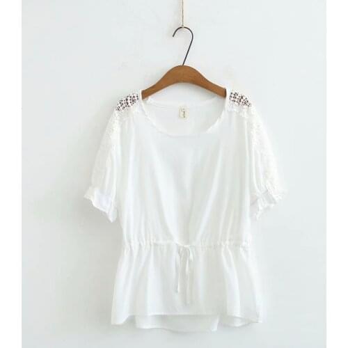 Plus size Short sleeves lace hollow out women t shirts 2021 new summer Waist rope ladies tshirts female T-shirts tops oversize