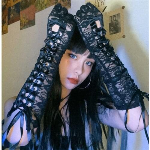 Streetwear Harajuku Punk Black Bandage Gloves Cosplay Women Half Finger Length Sleeve Gothic Fingerless Lace Mesh Mittens