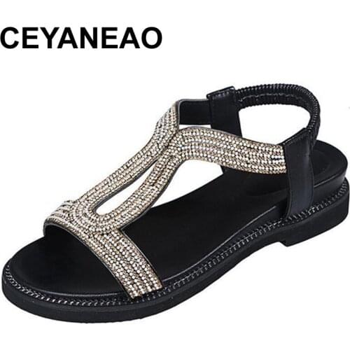 CEYANEAOWomens Sandals 2021Summer New Fashion Rhinestone Soft Bottom Womens Flat Sandals Outer Wear Thick Bottom Sandals Women
