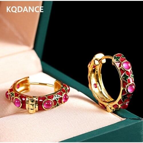 KQDANCE S925 Sterling Silver Cloisonne Red Corundum Hoop Earrings For Women Enamel Earring Gold plated Fine Jewelry 2021 Trend