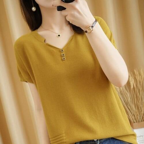 Fashion All-Match 100% Cotton Knitted Short-Sleeved Sweater Ladies V-Neck Loose Large Size T-Shirt Thin Section Summer Pullover