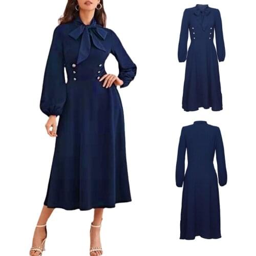 2021 Womens Hepburn Bowknot Dress V-neck Long Sleeve A-line Skirt Fall Winter Fashion Commuter Winter Blue Retro Long Skirt