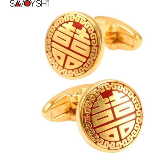 SAVOYSHI Gold color Cufflinks for Mens Shirt Cuff buttons Red Enamel Cuff links Grooms Wedding Gift Jewelry Free engraving name