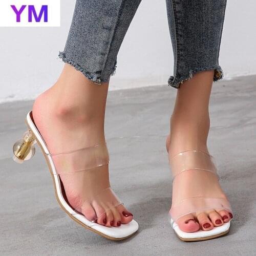 PVC 2021 New Summer Sexy Women Sandals Party Shoes Beach Slippers Round Heels Zapatillas Mujer Casa Sapatos Femininos Square Toe