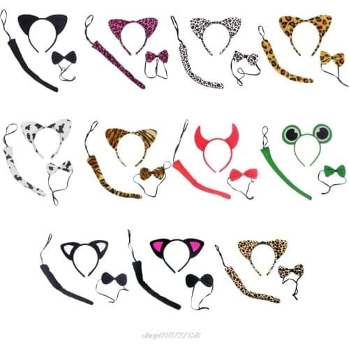 Toddler Kids 3Pcs Animal Cosplay Costume Set Cat Ears Plush Headband with Long Tail Bow Tie Hallowee Party JY08 21 Dropship