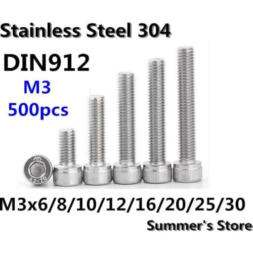 500pcs/lot DIN912 M3 Stainless Steel screw Hex Socket Head Cap Screw M3*6/8/10/12/16/20/25/30mm screw bolt