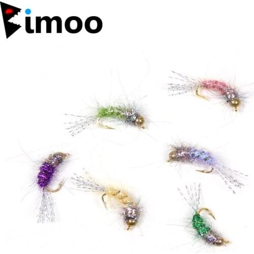 Bimoo 12PCS #12 Bead Head Nymphs Pink Blue Pearl Olive Purple Trout Fishing Nymph Flies