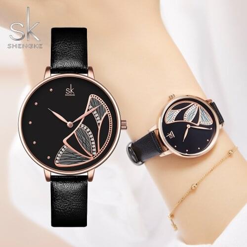 SHENGKE Women Casual Watch Rose Gold Waterproof Fashion Quartz Wirstwatch for Lady Butterfly Creative Girls Gift Clock Black