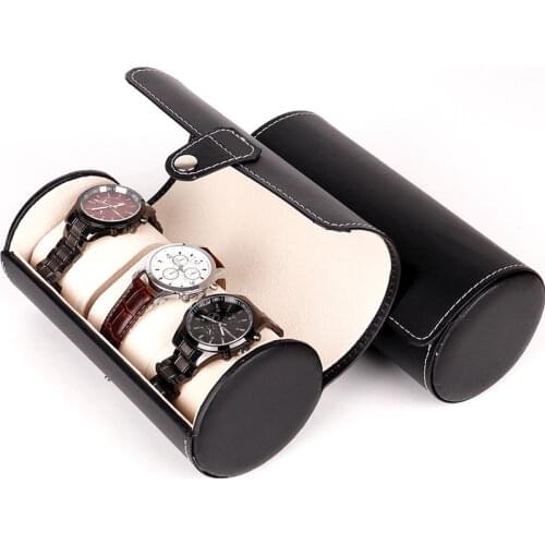3 Grids PU Leather Cylinder Watch Box Upscale Jewelry Watch Storage Display Packaging Box