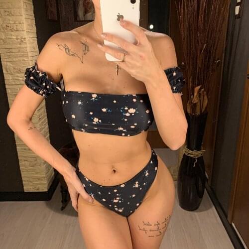 Women Swimwear Two-pieces Bikini Set Mid Waist Bather Bathing Suit Swim 2021 Floral Off Shoulder Bikini Female Swimsuit Monokini