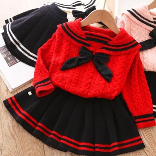 Girls Fashion Sweater Set 2021 Fall Winter Kids Navy Collar New College Wind Knitted Top+Pleated Skirt Two-piece Sets outfits
