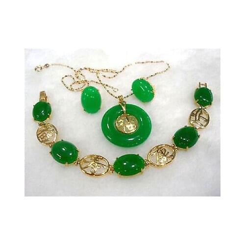 Hot sell Noble Jewelry Green Natural stone Necklace Bracelet earri Set Plated gold Bridal wide watch wings que