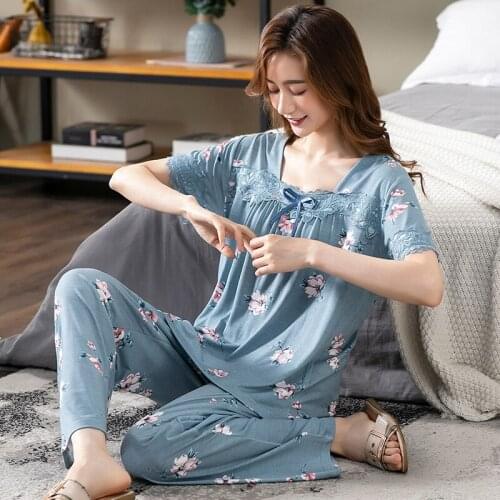 Modal cotton women pajamas set summer floral lace pyjamas short sleeve sleepwear women night suit tracksuit home clothing female