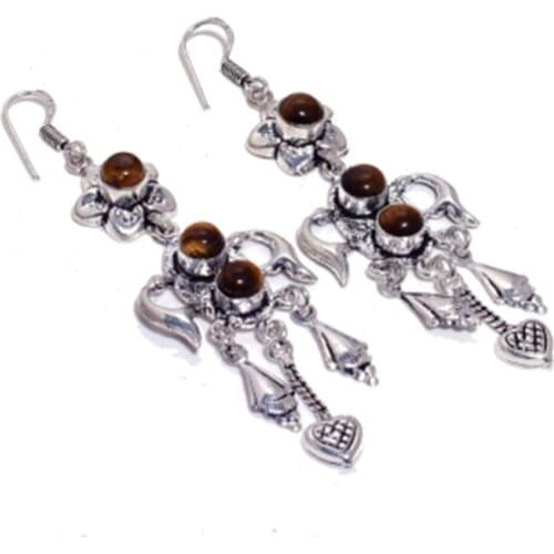 Tiger Eye , Silver Overlay on Copper Earrings ,86 mm , E4584