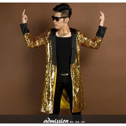 Fashion British Trench Mens Coats Trench Coat Nightclub Singer Costumes Sequins Personality Magician Overcoats Mens Clothing