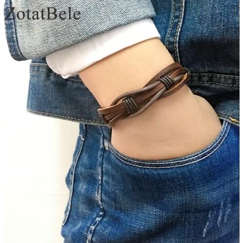 6pcs/lot Twist Handmade Bangle pulseira masculina Wrap Brown Retro Genuine Leather Bracelet Men with Braided Rope PT3
