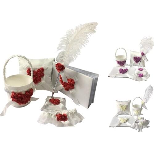 5Pieces Ivory Satin Wedding Guest Book&Pen,Ring Pillow,Flower Basket,Garter Set