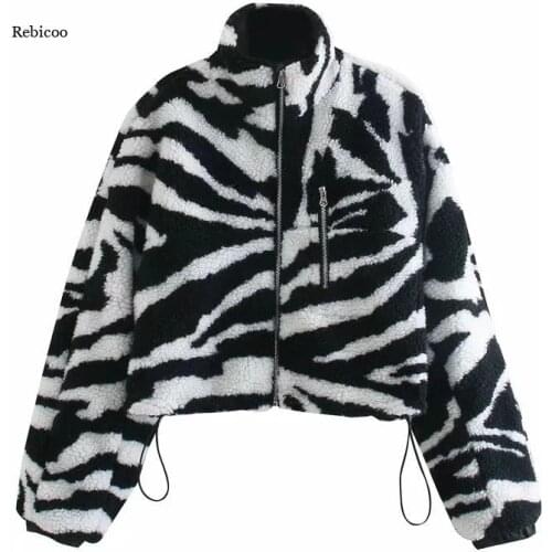 Fake fur coats Vintage Women Fashion Loose Zebra Stripe Print Short Lamb Wool Coat Long Sleeve Female Winter Thick Tops