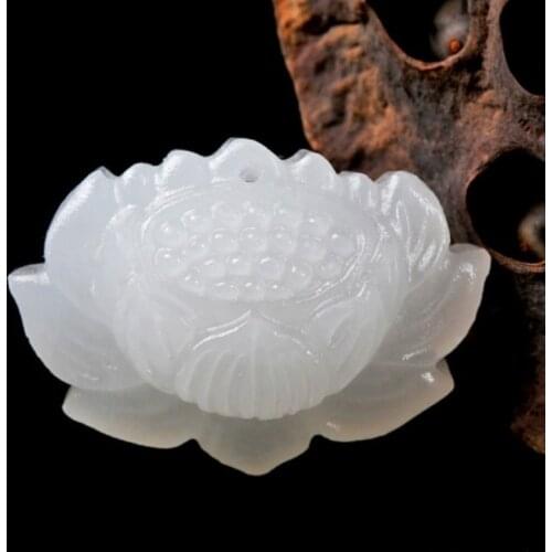 Pure Natural Chinese White Jade Hand Carved Lotus Jade Pendant Fashion Jewelry Men and Women Lotus NecklaceAccessories Wholesale