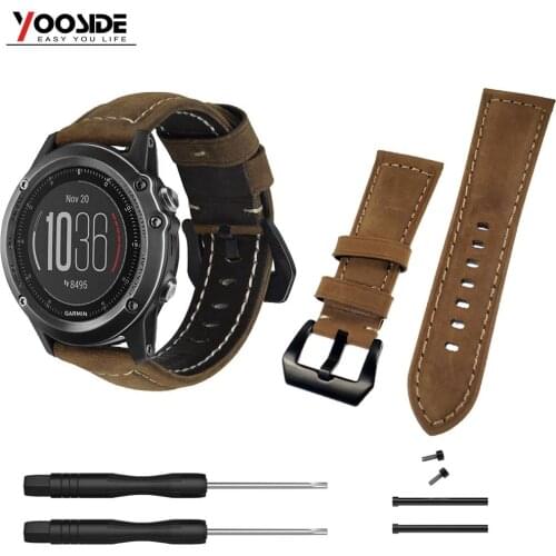 Fenix 6X 26mm Genuine Leather Watch Band Strap with Lugs Adapters for Garmin Fenix 3/3 HR/Quatix 3/Tactix Bravo/Fenix 5X/5X Plus