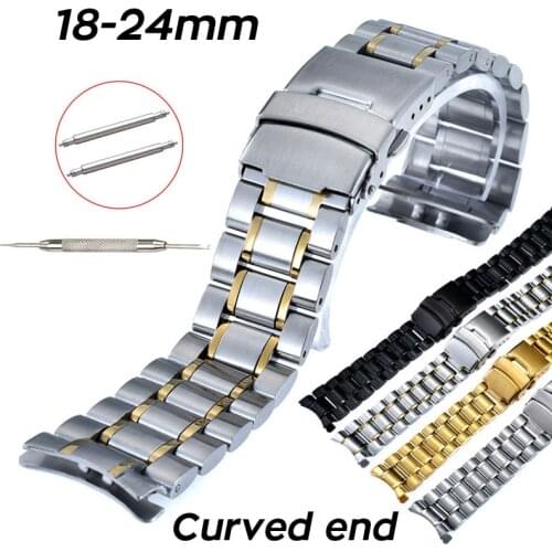 Curved End Replacement Watch Band 18mm 20mm 22mm 24mm Stainless Steel Watchband Double Lock Buckle Wrist Belt Watch Strap SB5ZWT