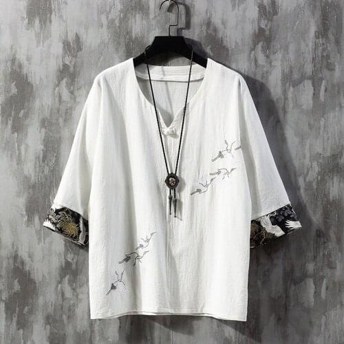 Summer Crane Embroidery Top Traditional Chinese Clothing For Men Vintage Shirts Asian Streetwear Tang Suit Kung Fu Clothes 30443