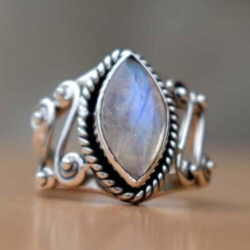 FYJS Unique Silver Plated Marquise Shape Moon Stone Finger Ring Vintage Style Jewelry