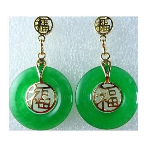 Green jade chinese character lucky earring