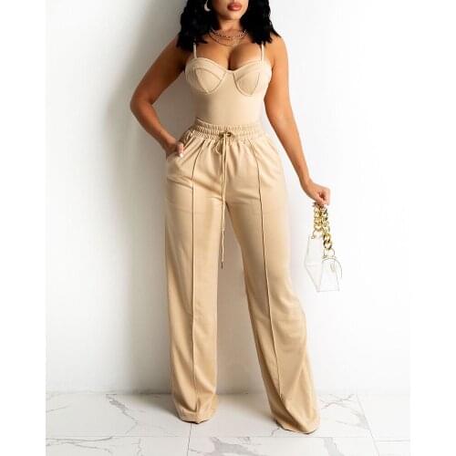 2021 2PCS Women Sexy Zipper Back Cami Top Wide Legs Contrast Pipping Long Pants Set Elegant Workwear Casual Two Piece Suits Ropa