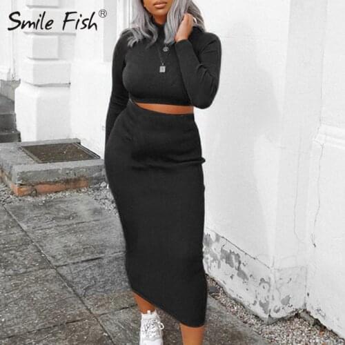 New Party Club Womens Set Winter Autumn Two Pieces Sets Turtleneck Short Crop Top Midi Skirt Outfits Tracksuits GV840