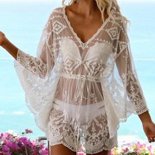 Women Mesh Sheer See-through Boho Mini Dress Bikini Cover Style Kimono 2019 Sexy Fashion Tops