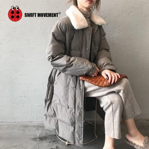 Swiftmovement winter woman Down Padded Solid Womens Down Mid Length Coat 2020 women Rabbit fur collar Thick Warm