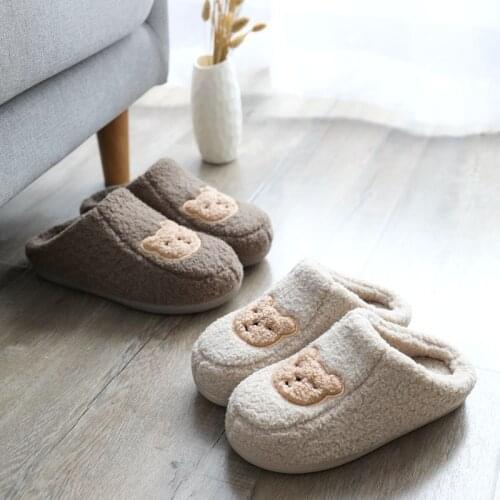 Winter Cotton Slippers Half Heel Wrapped Thicken Plush Lovely Cartoon Bears Decorative Pattern Household Indoor Warm Slippers