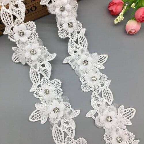 1 Yard 6CM White Diamond Pearl Flower Lace Trim Ribbon Fabric Embroidered Applique Sewing Craft For Costume Hat Decoration