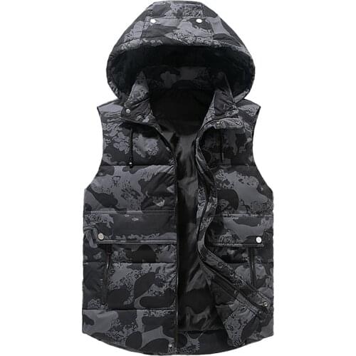 5XL Spring Winter Warm Hat Detachable Men Vest Sleeveless Casual Camouflage Jacket Coat for Men Unisex Waistcoat Plus Large Size
