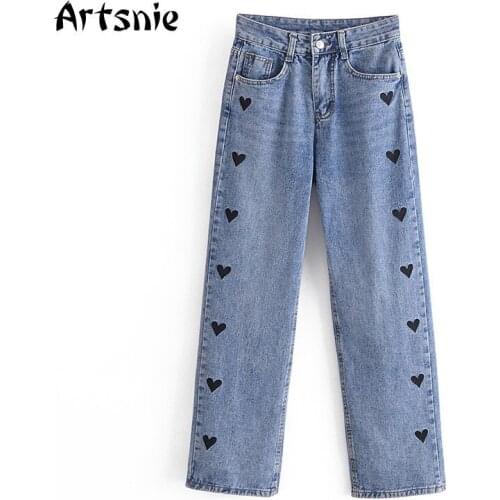 Artsnie Streetwear Heart Embroidery Jeans Women Summer 2021 High Waist Vintage Blue Casual Denim Pants Ladies Casual Jeans Femme