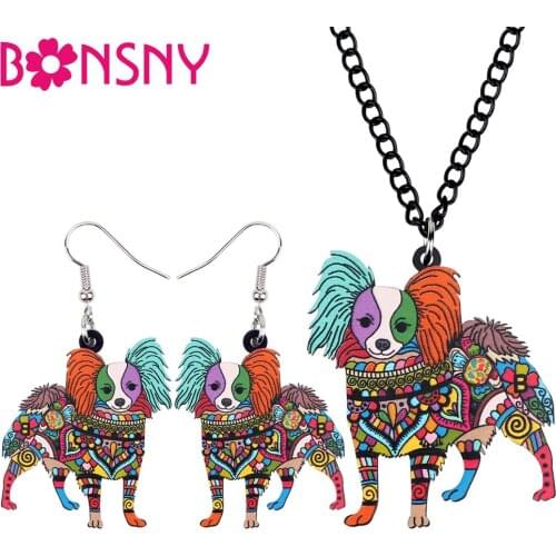 Bonsny Acrylic Jewelry Set Colorful Papillon Dog Necklace Earrings Choker Collar Fashion Pendant For Women Girl Gift NE+EA