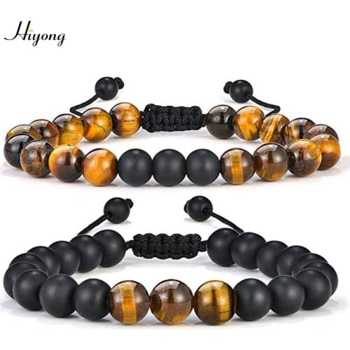 HIYONG Beaded Bracelets for Men Women 8mm Tiger Eye Bracelet Adjustable Natural Black Matte Stone Set Bracelets Jewelry Gifts