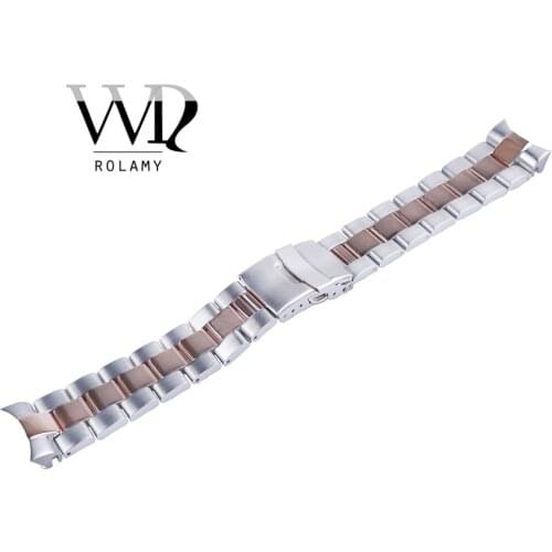 Rolamy 22mm Middle Rose Gold Stainless Steel Wrist Watch band Replacement Metal Watchband Bracelet Double Push Clasp For Seiko