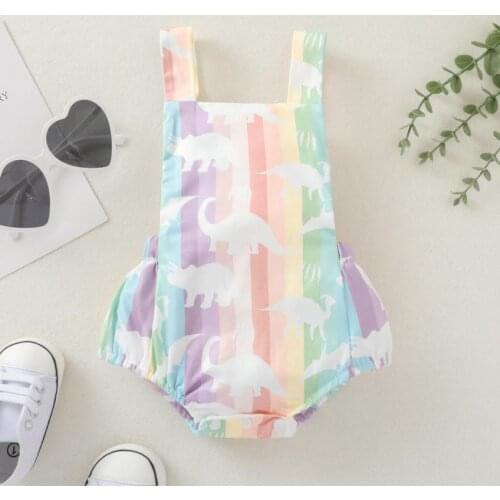 Baby Dinosaur Print Short Romper Sleeveless Square Collar Backless Sling Jumpsuit Summer Baby Bodysuits