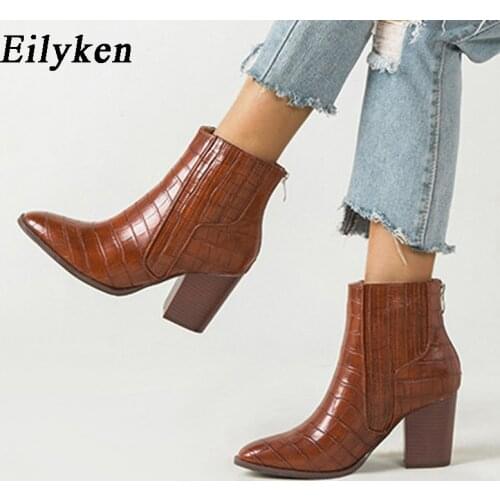 Eilyken 2021 Motorcycle Western Cowboy Boots Women Animal Snake Pattern PU Leather High Heels Cowgirl Booties Ankle Botas Shoes