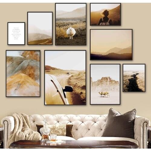 Gobi Landscape Mountain Camel Sheep Travel Wall Art Canvas Painting Nordic Posters And Prints Wall Picture For Living Room Decor