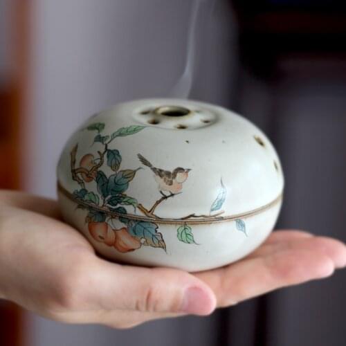 Hand Drawn Flowers and Birds Ceramic Aromatherapy Stove Decoration Retro Nostalgic Tea Ceremony Incense Coil Burner