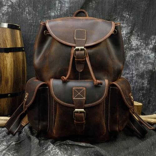 Crazy Horse Leather Backpacks Men Women 14" Laptop genuine leather Rucksack Daypack Cow leather school bag Travel rope closure