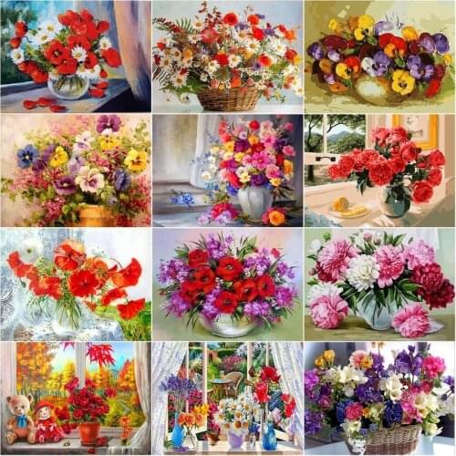 CHENISTORY Frameless Painting By Numbers Red Flower Kits For Adults Children Handpaint Painting Home Living Room Decoration