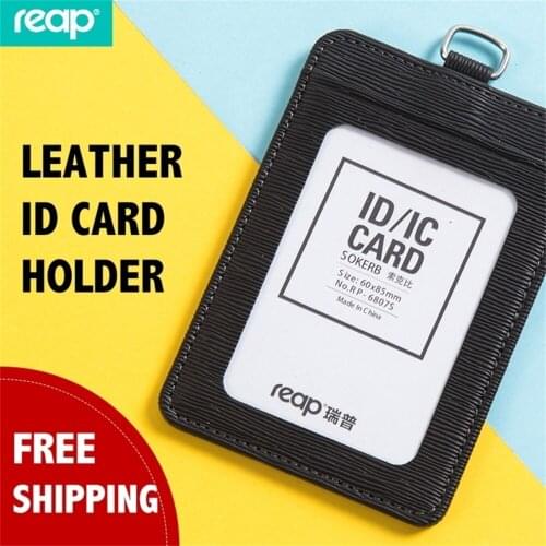Pu Reap 6807s Leather Work Id Card Name Badge Holder Set with Neck Lanyards Double Storage Pockets